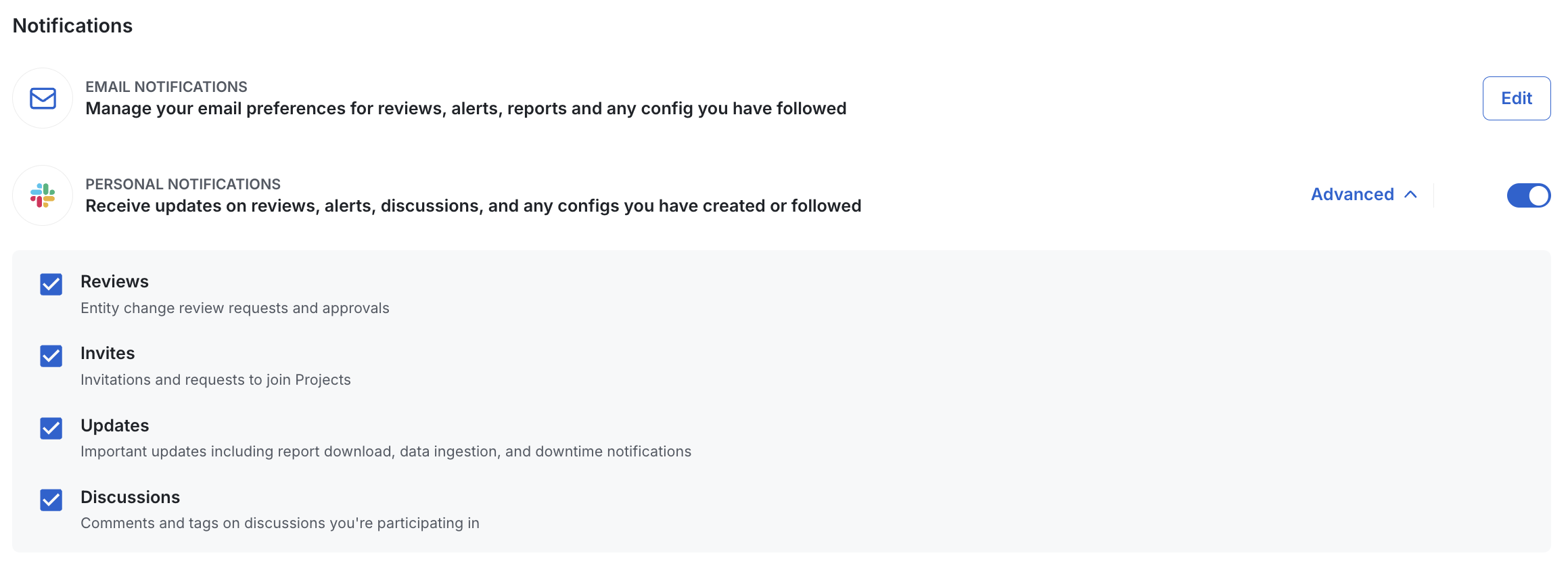 Personal notification preferences interface