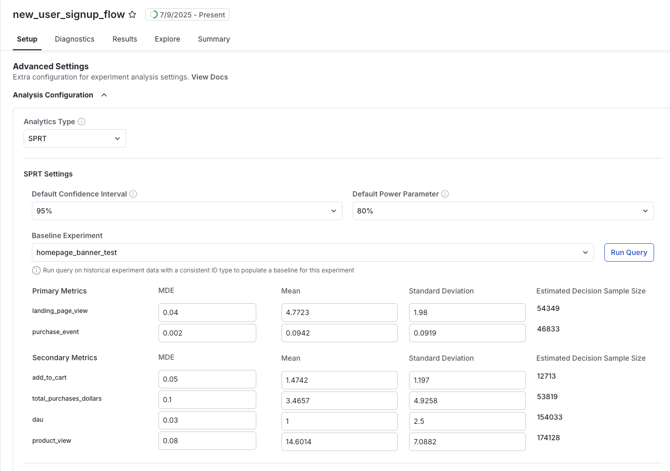 SPRT power analysis configuration interface