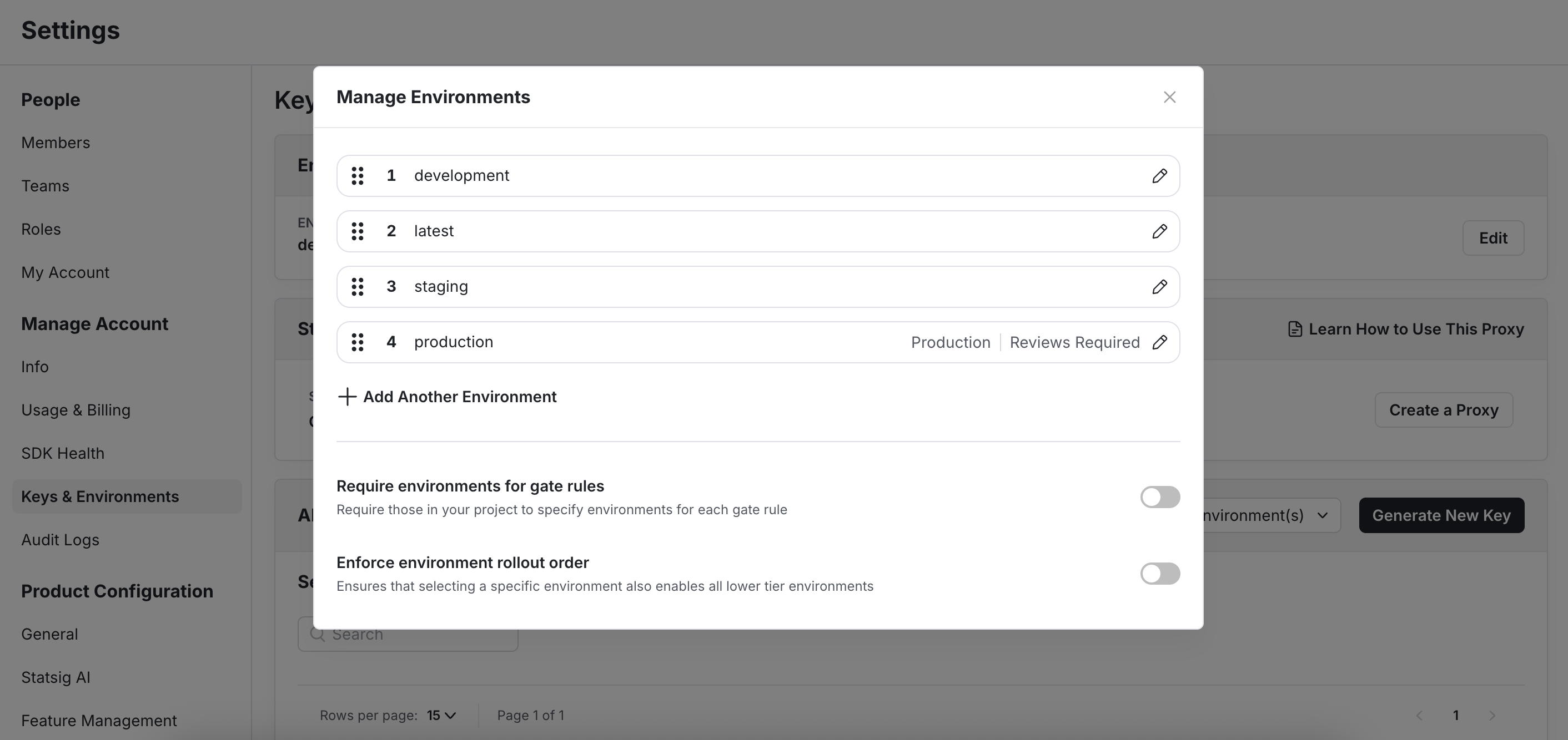 Manage environments dialog with environment list and review settings