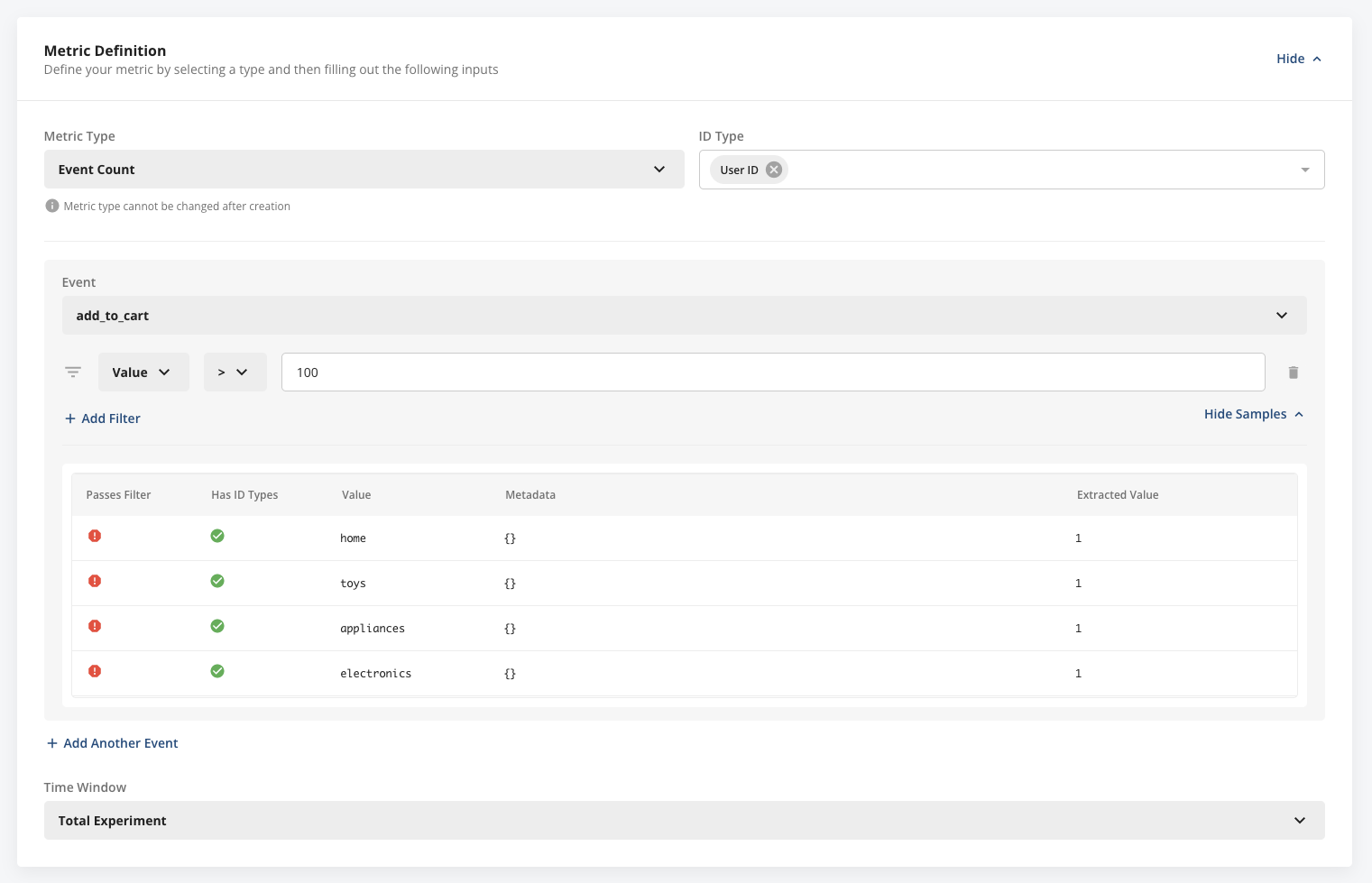 Event count metric filtering add_to_cart events with value greater than 100
