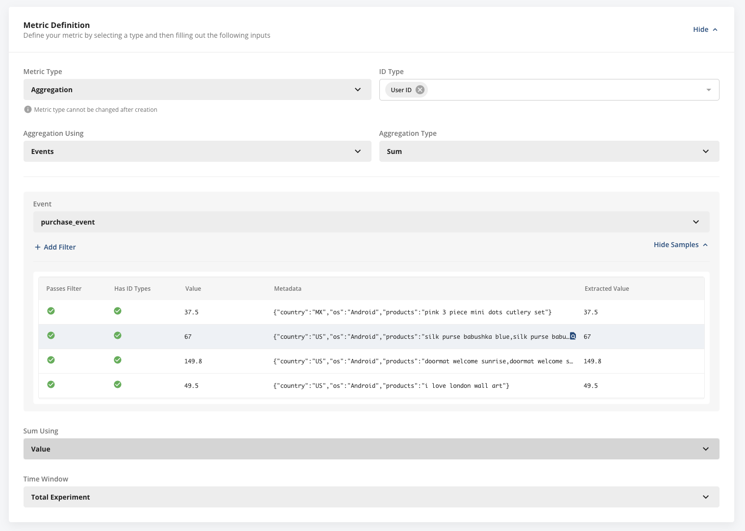 Sum aggregation configuration for Total Revenue metric