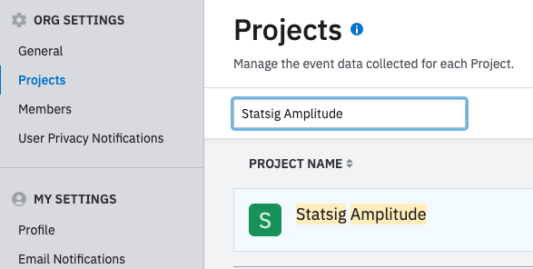 Amplitude Projects tab listing available workspaces