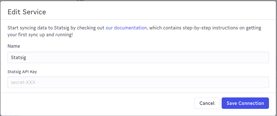 Census destination setup form with Statsig secret key input