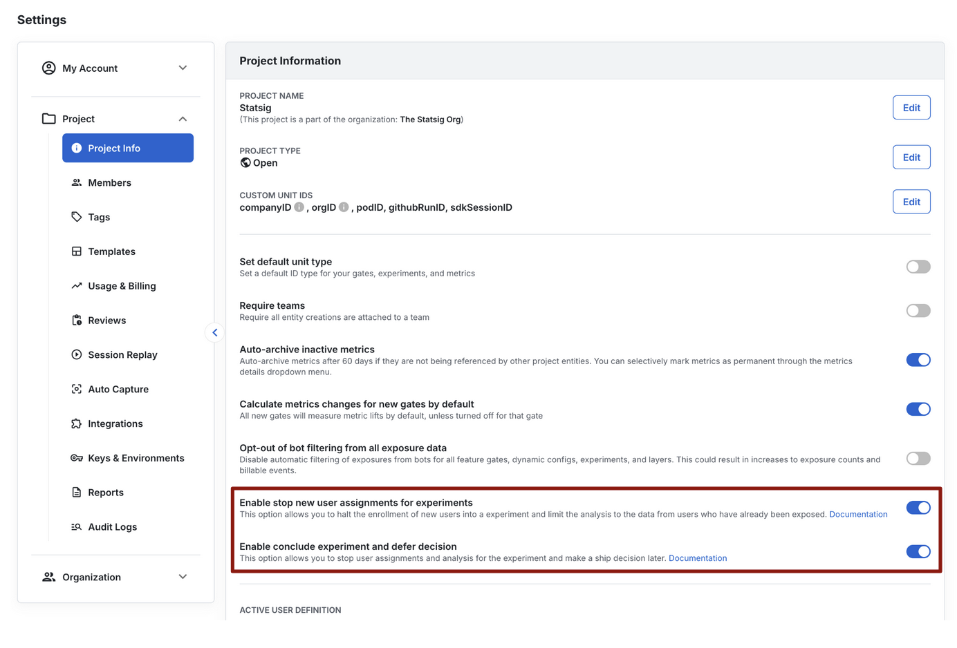 Project settings toggle to enable stop new user assignments