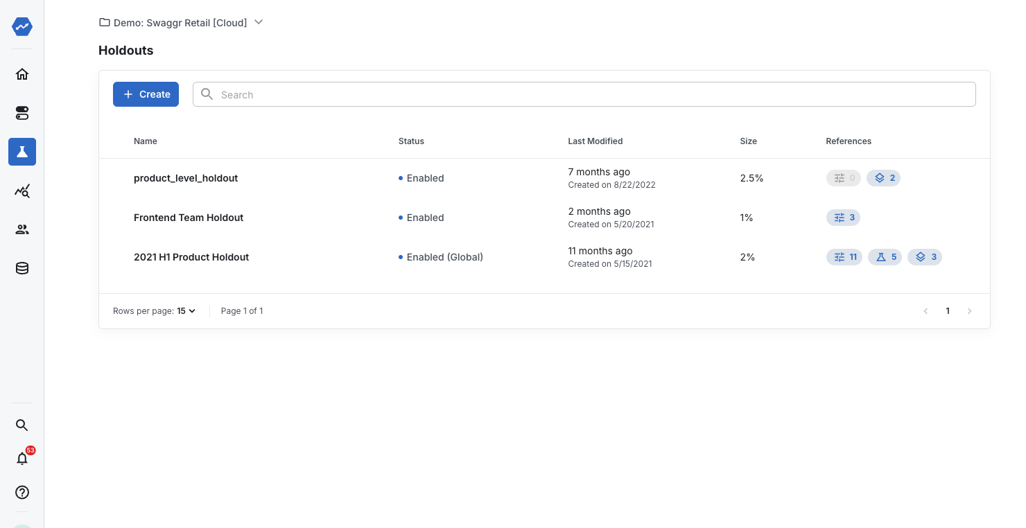 Holdout creation interface