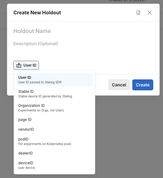 Holdout unit ID type selection