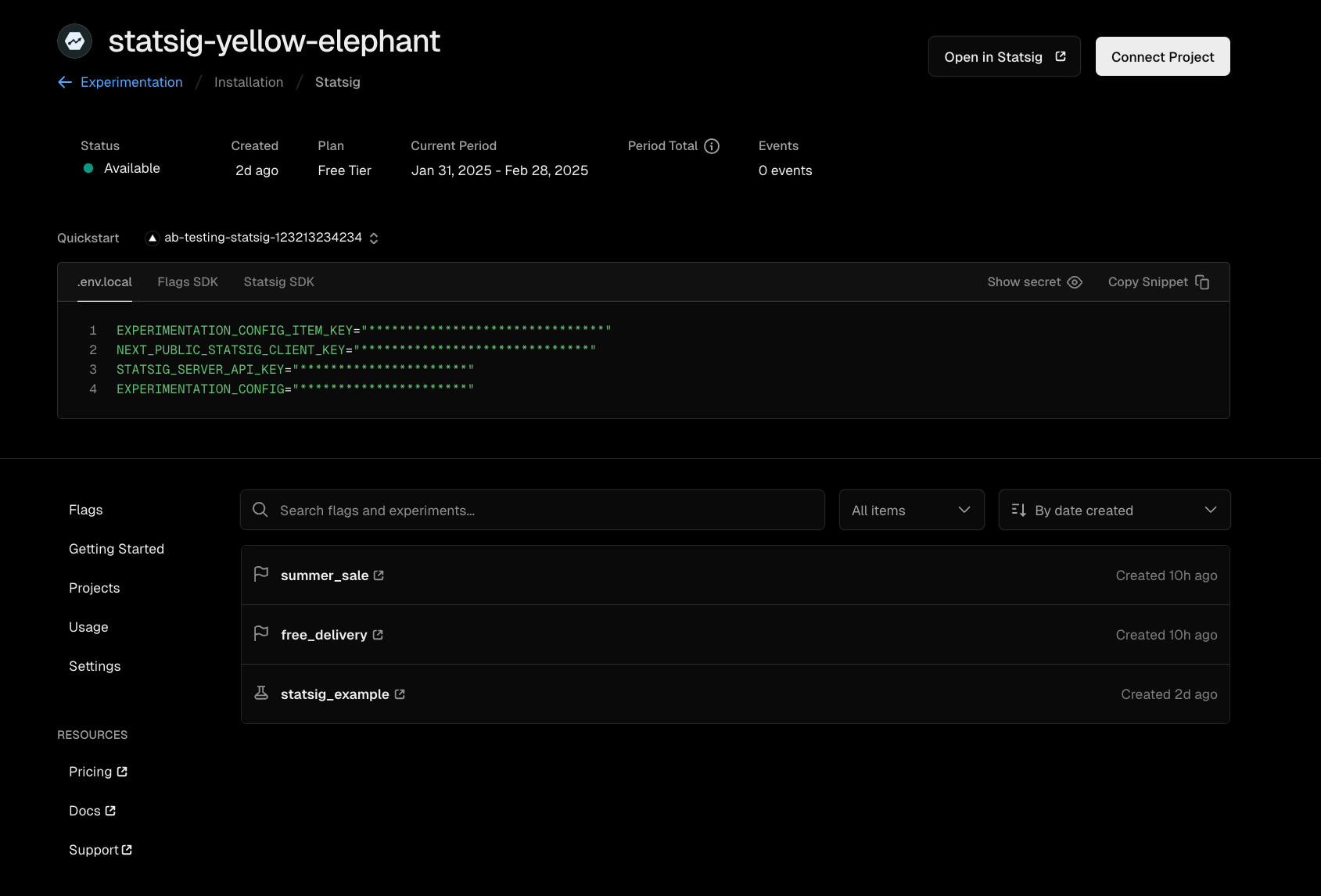 Vercel marketplace project view interface