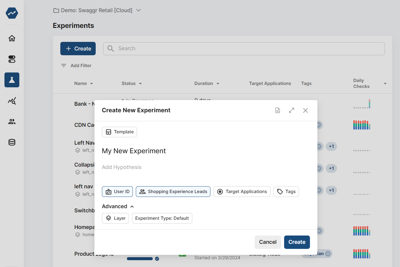 Experiment creation modal interface
