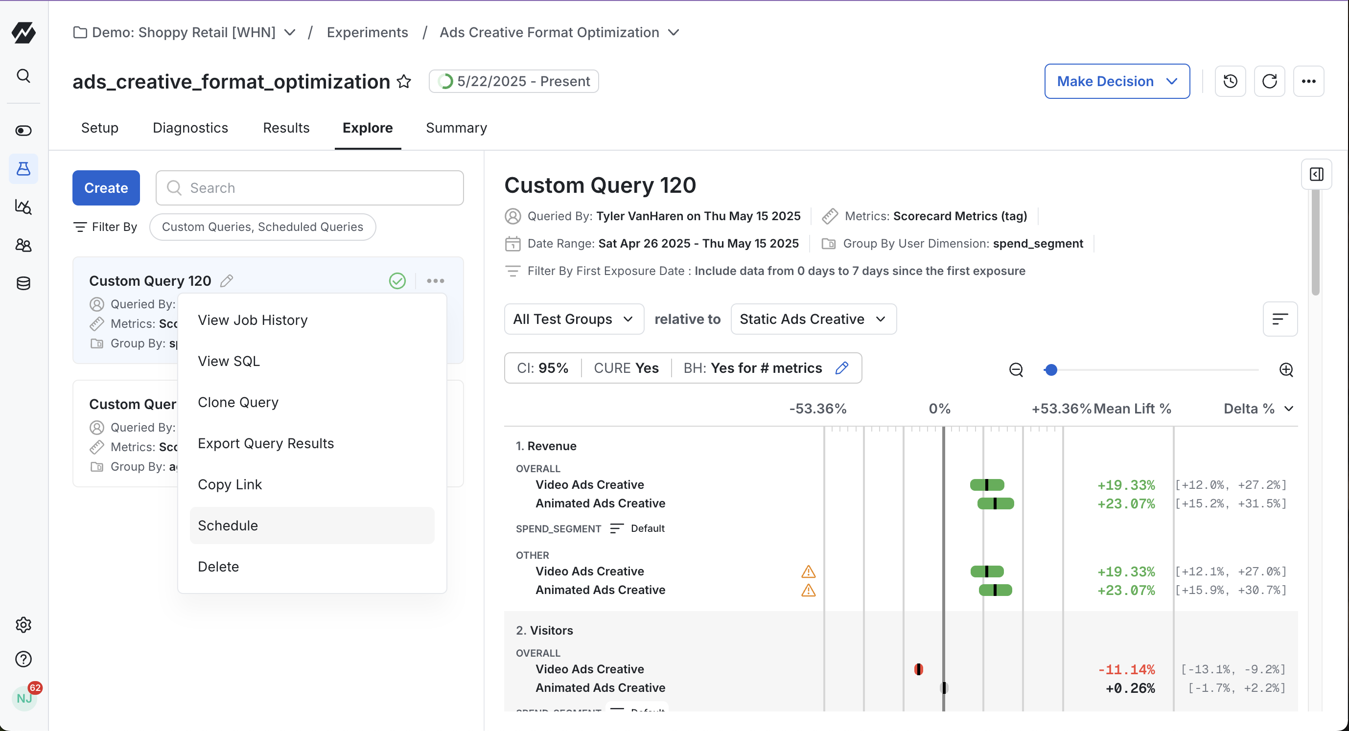 Scheduled custom queries tab displaying daily runs