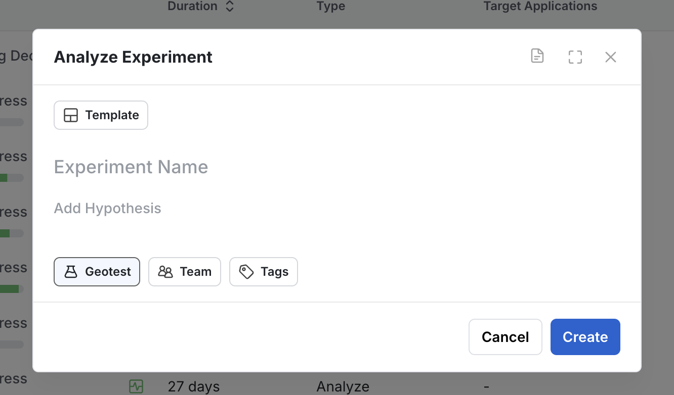 Geotest experiment type selection dropdown