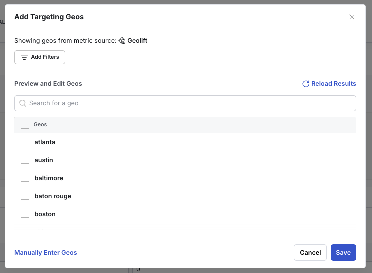 Geotest targeting filters for eligible regions