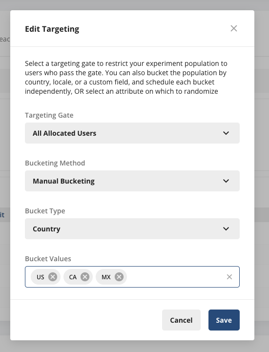 Buckets configuration table listing predefined regions