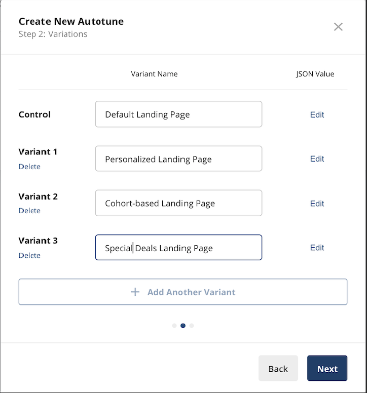 Autotune experiment variant configuration interface