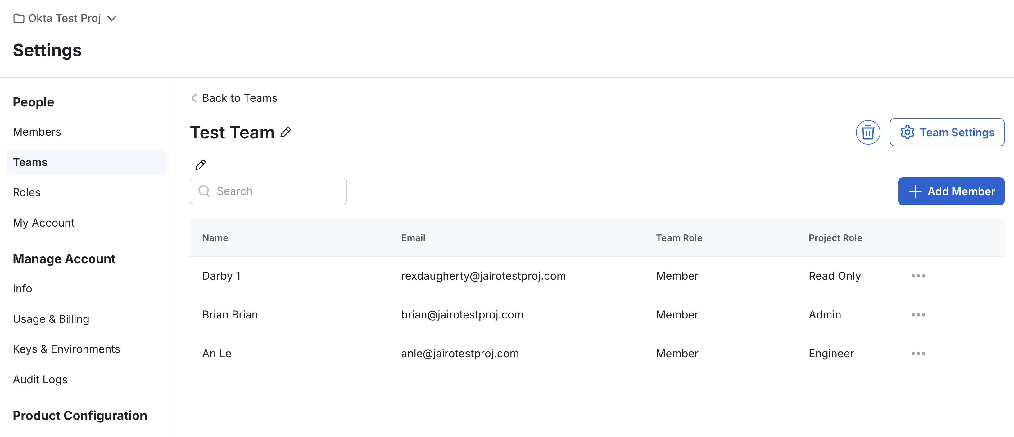 Statsig team detail page showing synced Okta members