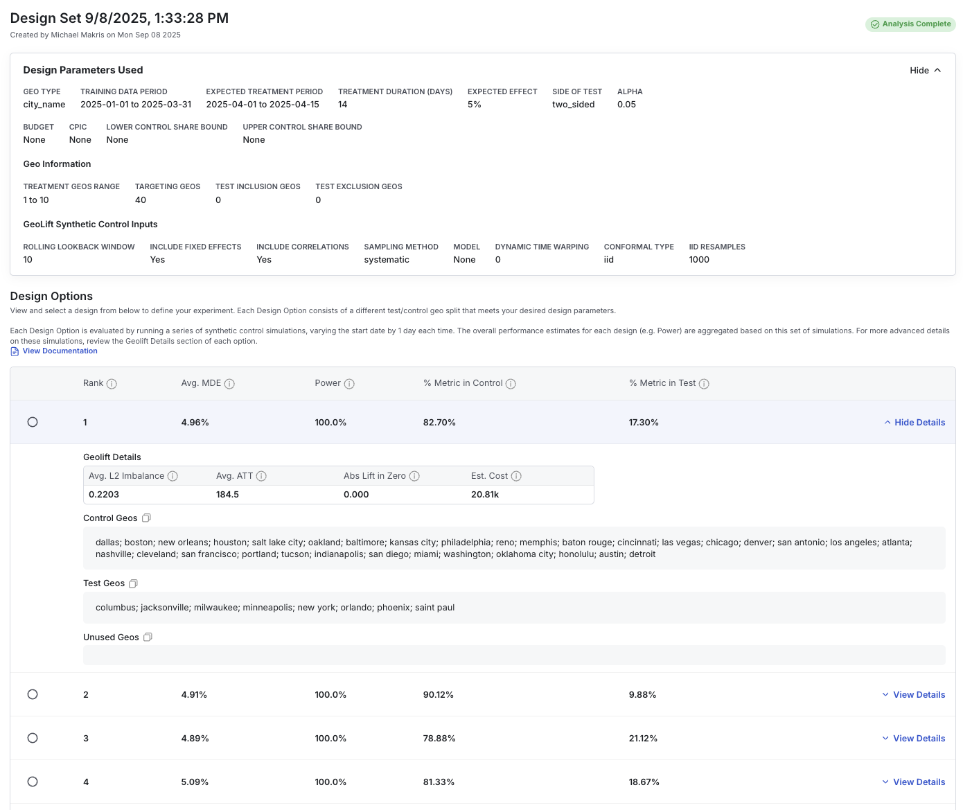 Design option selection interface