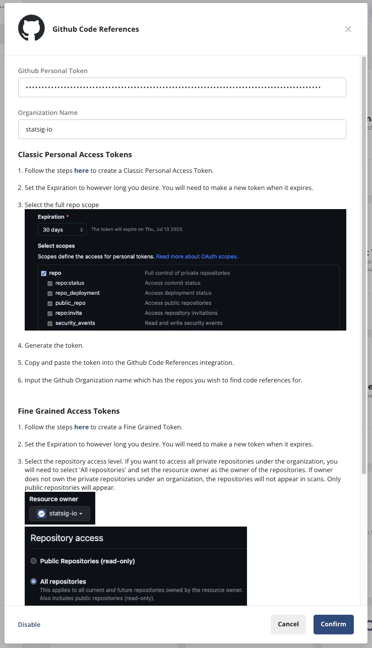 GitHub integration configuration interface