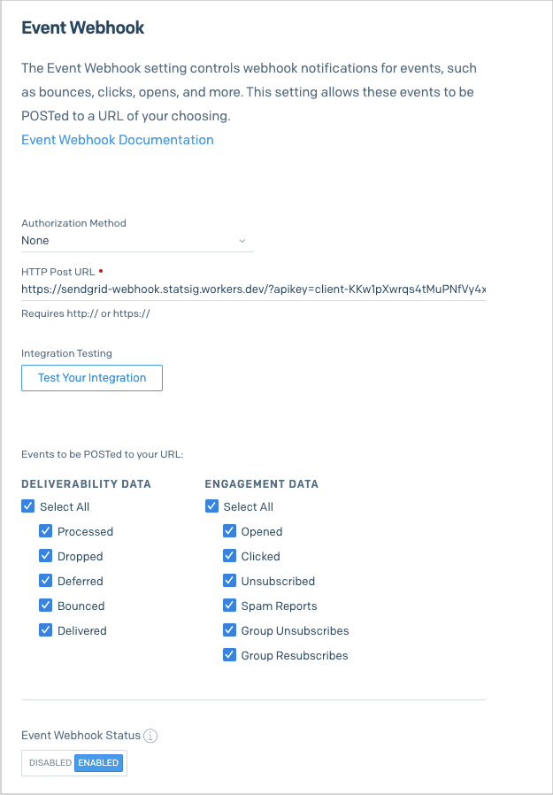 SendGrid webhook configuration
