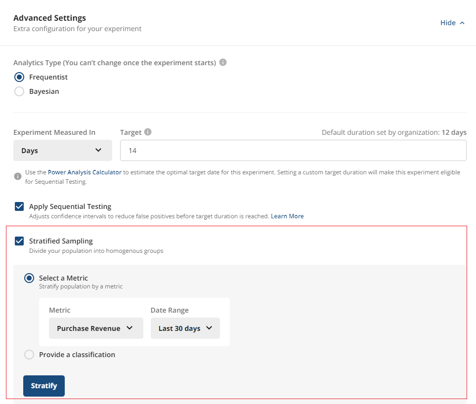 Stratified sampling metric selection interface