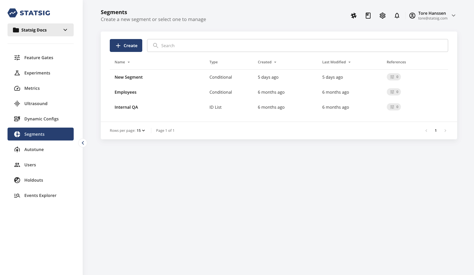 Segments tab showing list of existing conditional and ID list segments