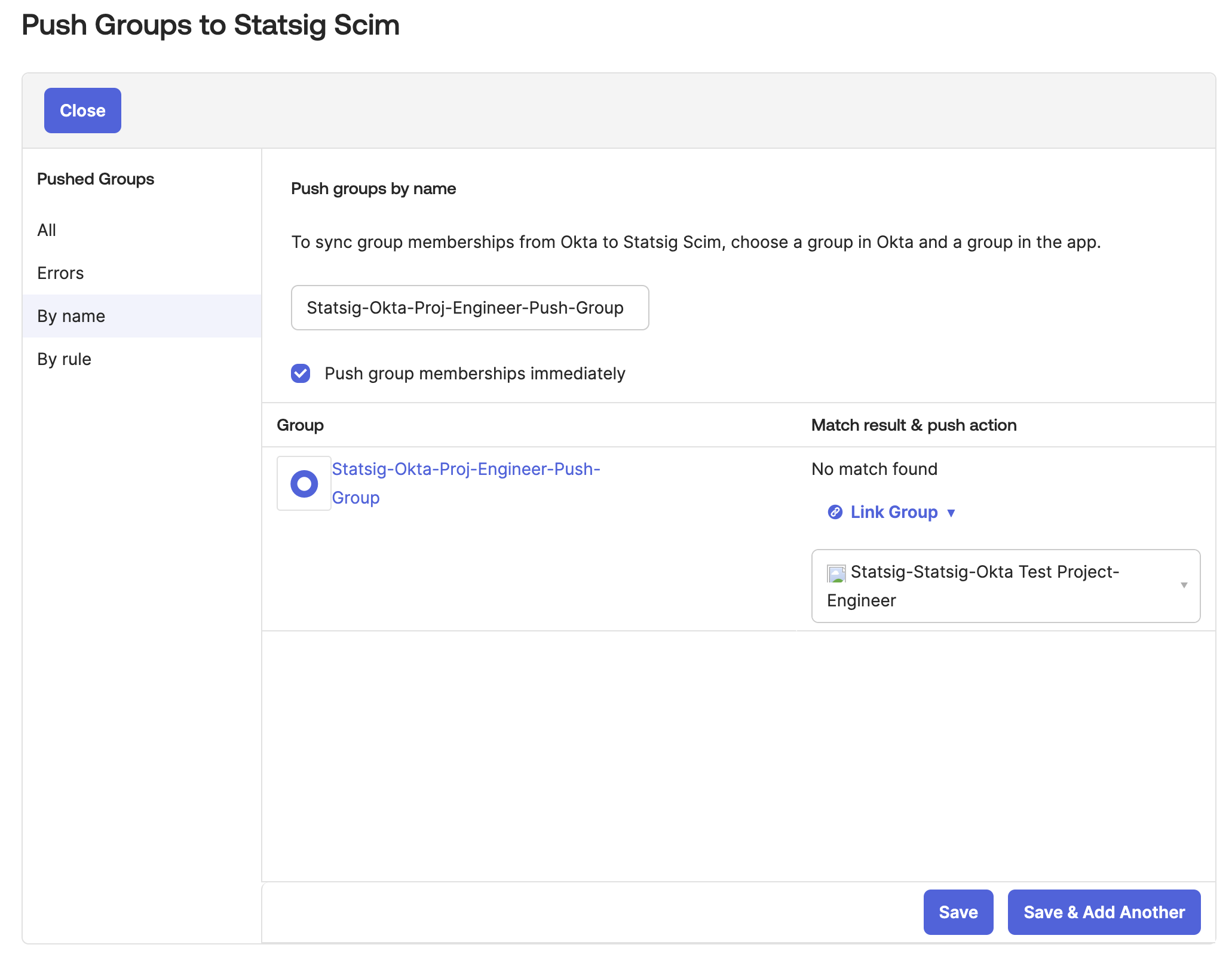 Summary screen confirming Okta group linked to Statsig project role