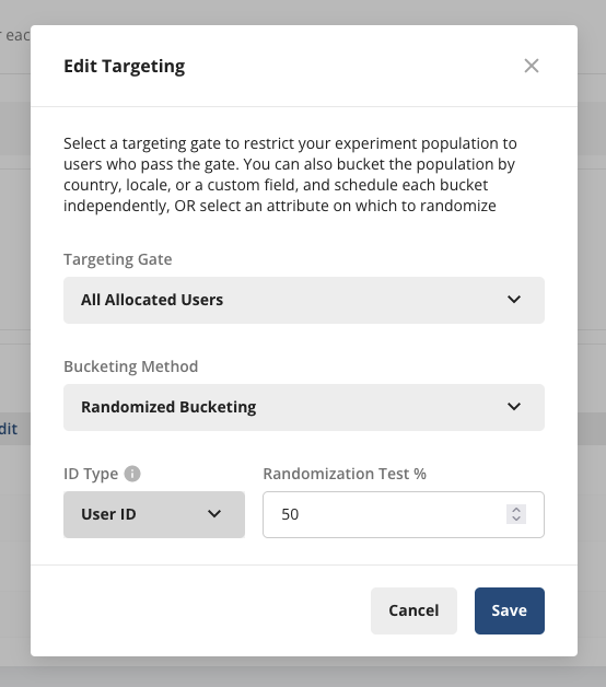Randomized ID bucketing interface selecting custom ID
