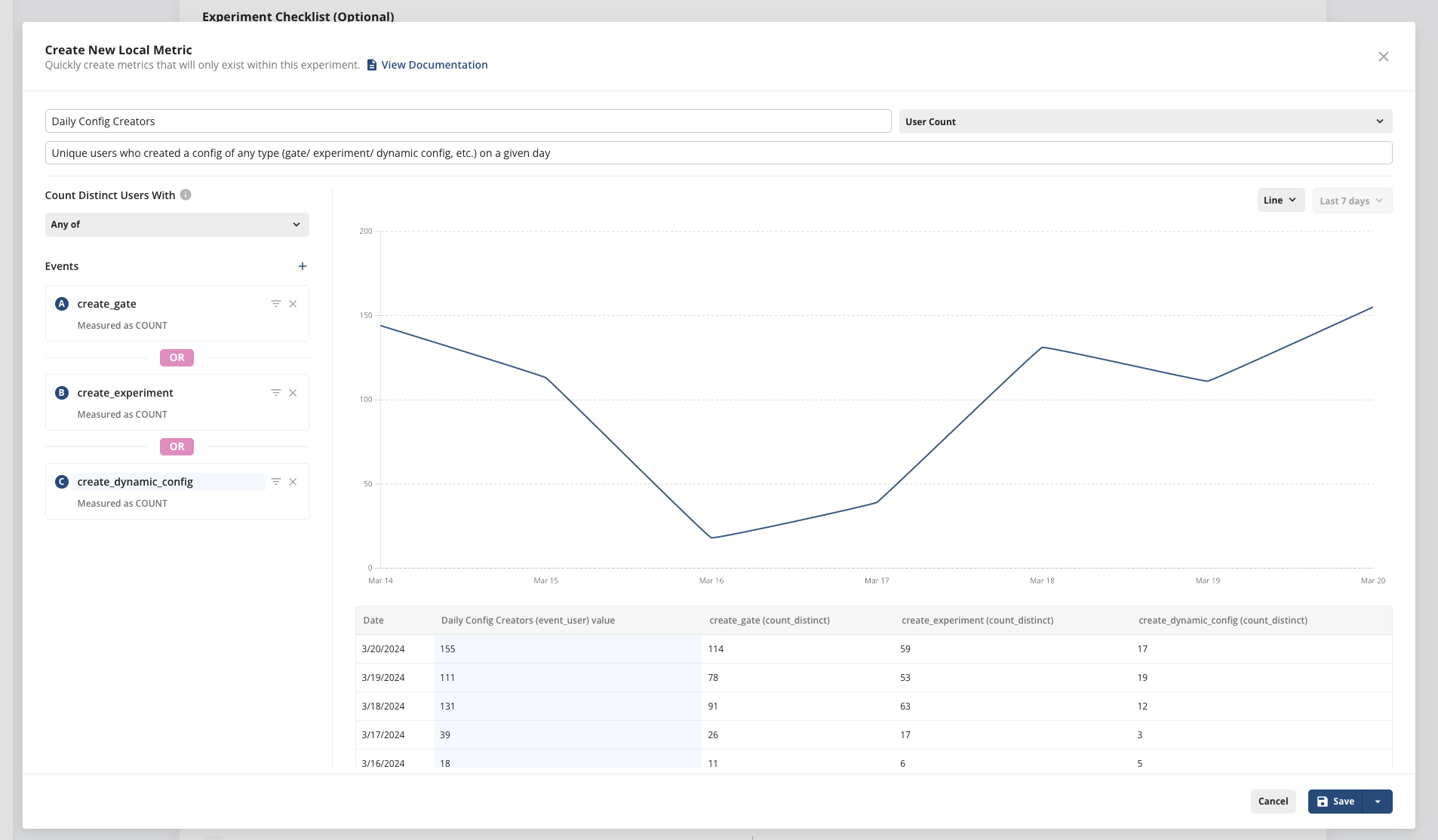 Local metric creation wizard with event selection and filters
