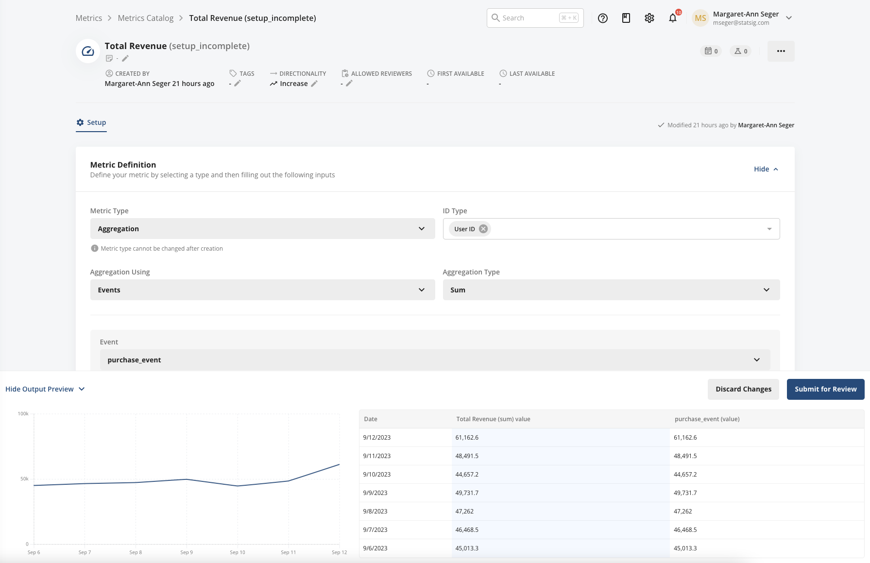 Aggregation metric setup screen with output preview chart and table