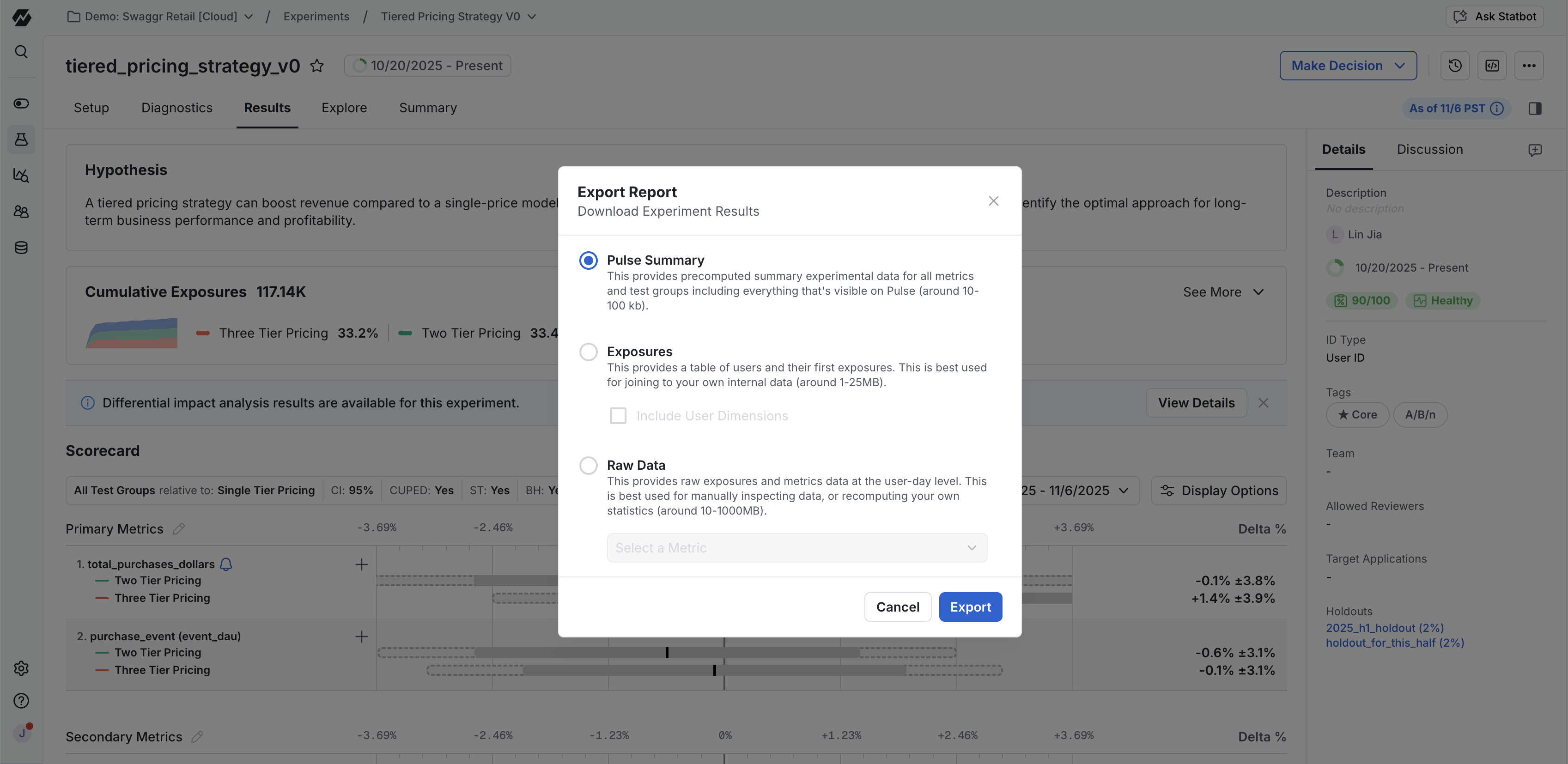 Pulse results export interface