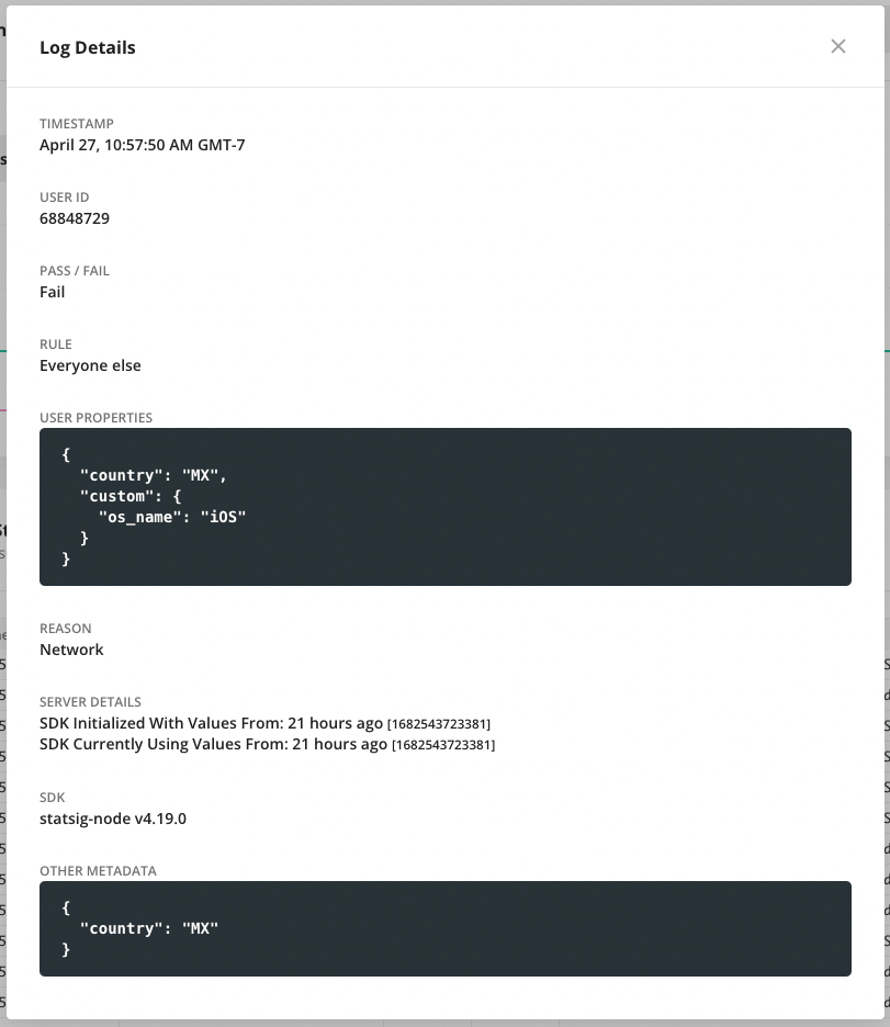 Evaluation details modal with rule match information