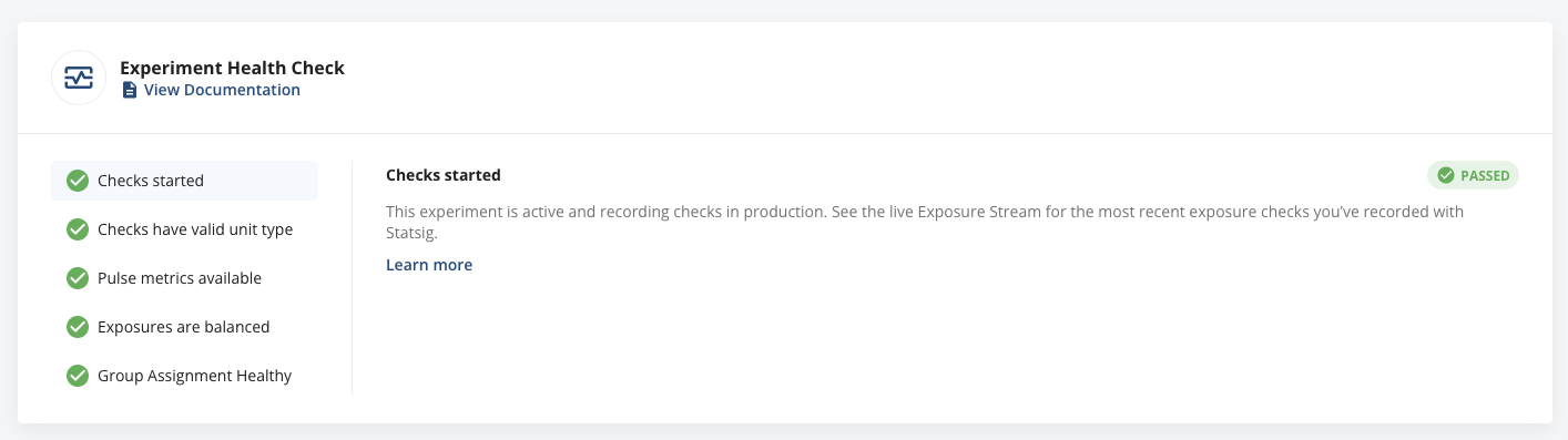 Experiment health checks showing status icons