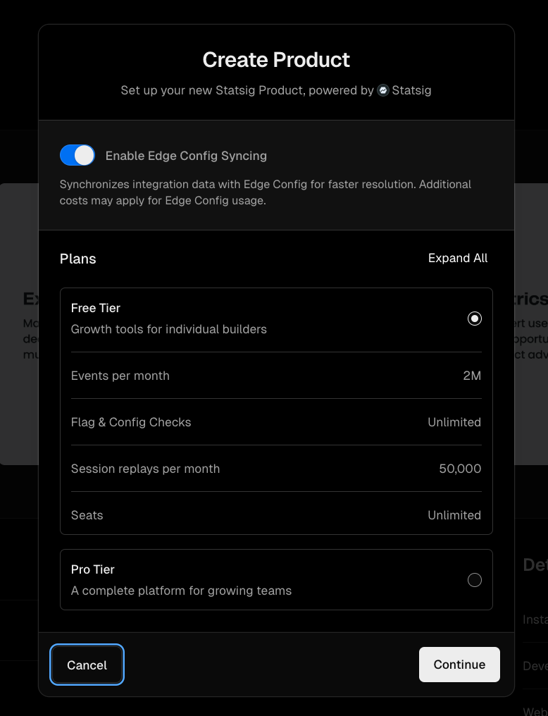 Vercel marketplace installation interface