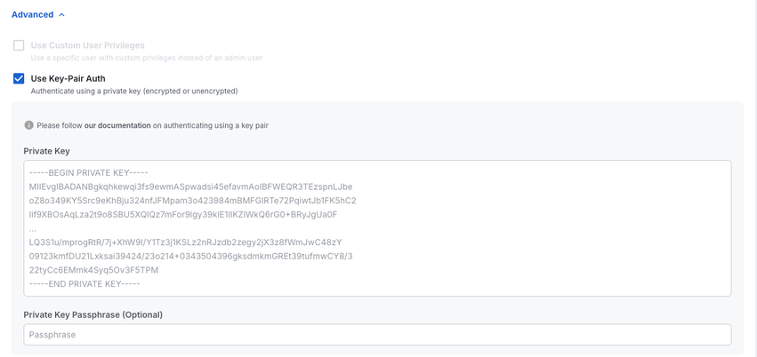 Private key authentication configuration interface