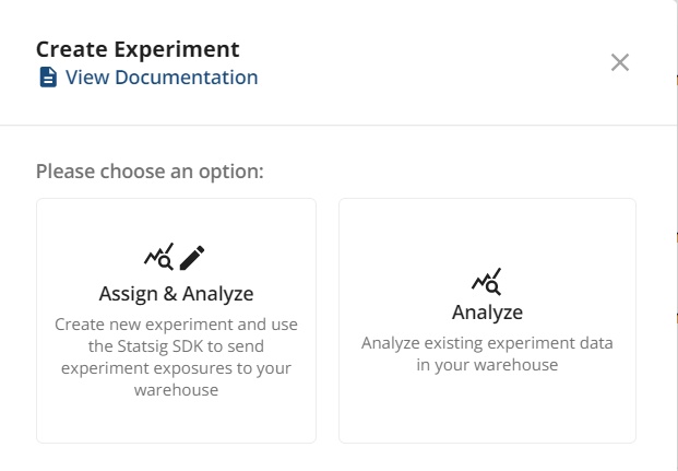 Experiment type selection interface