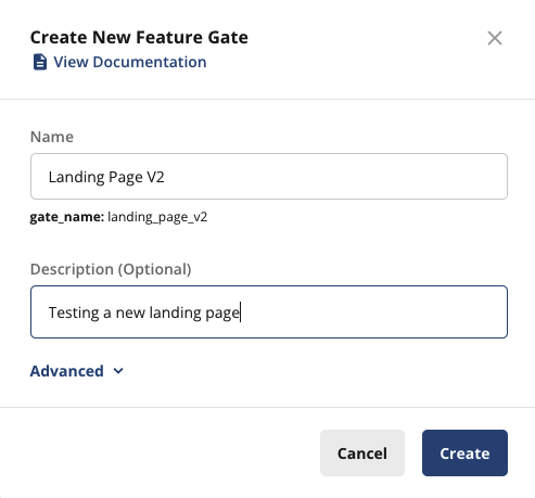 Create new feature gate modal naming Landing Page V2