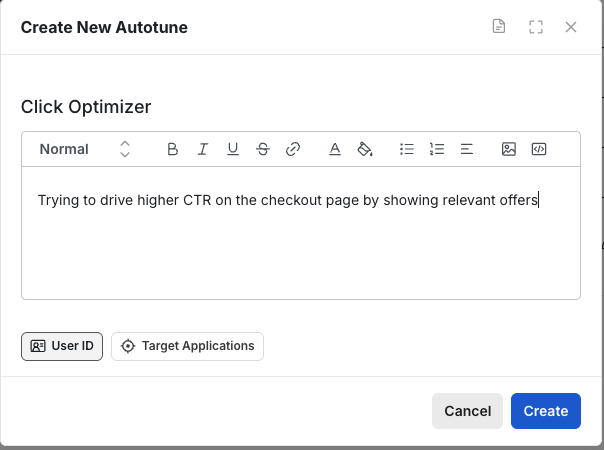 Create contextual autotune dialog with name and goal fields