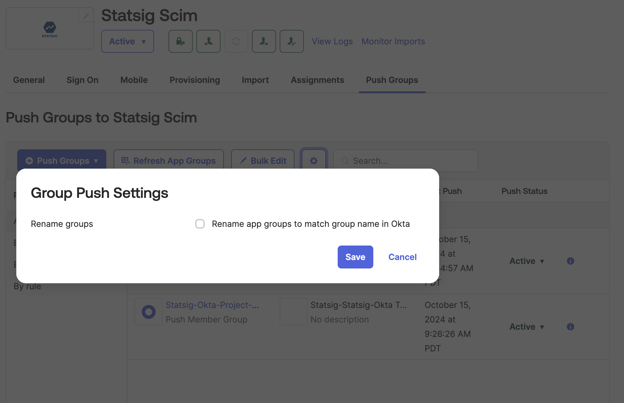 Push group settings dialog with Rename Groups toggle