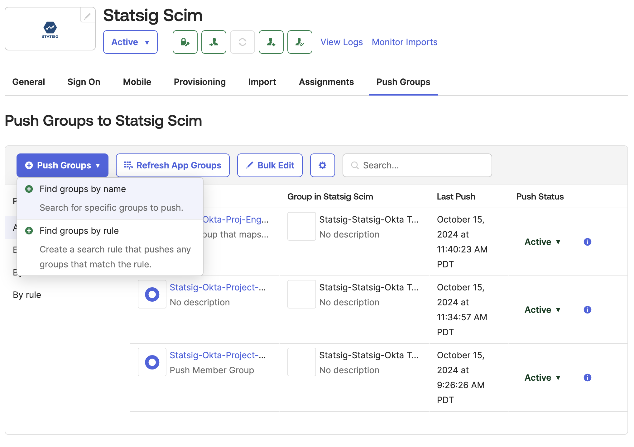 Okta modal prompting to find groups by name for push