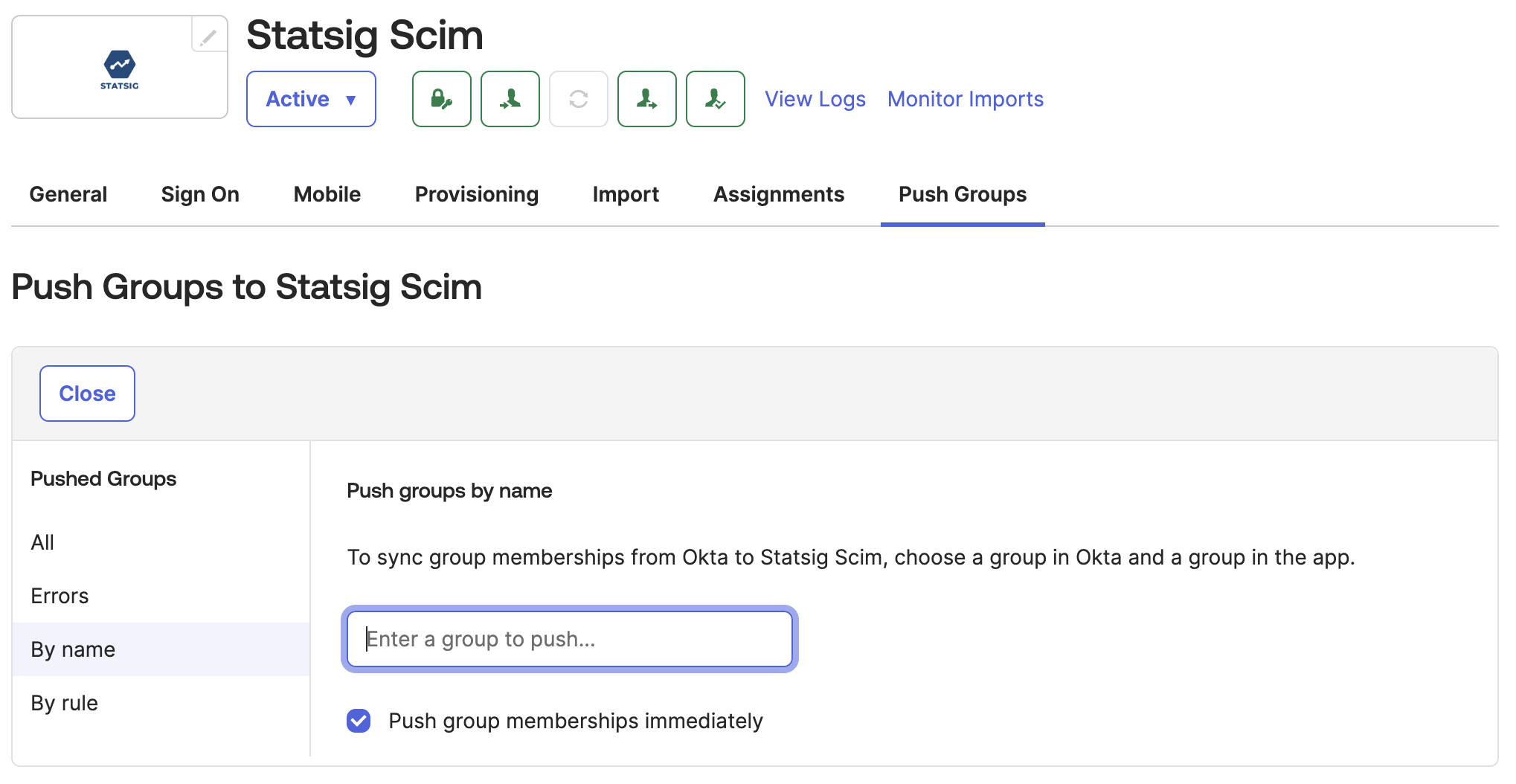 Directory listing of Okta groups filtered to Okta source