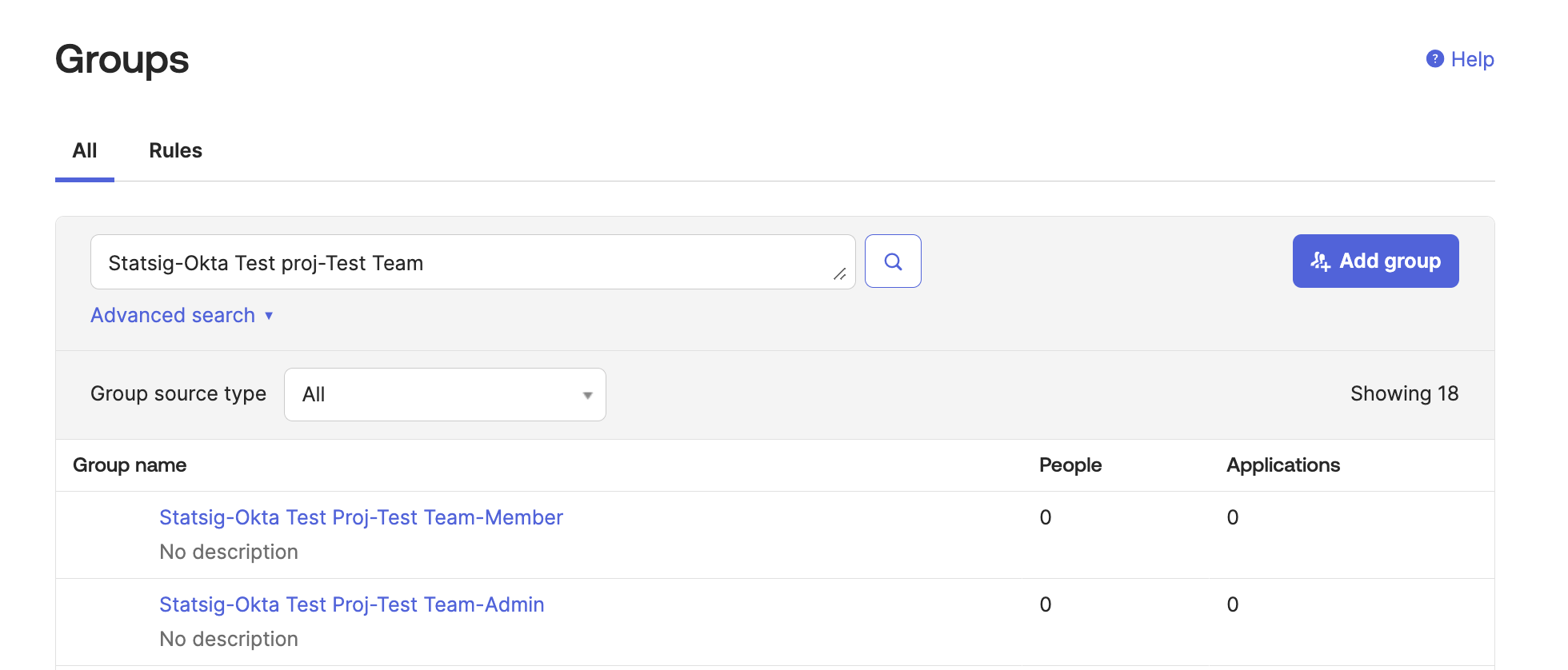 Okta Import tab displaying Statsig team groups discovered from SCIM