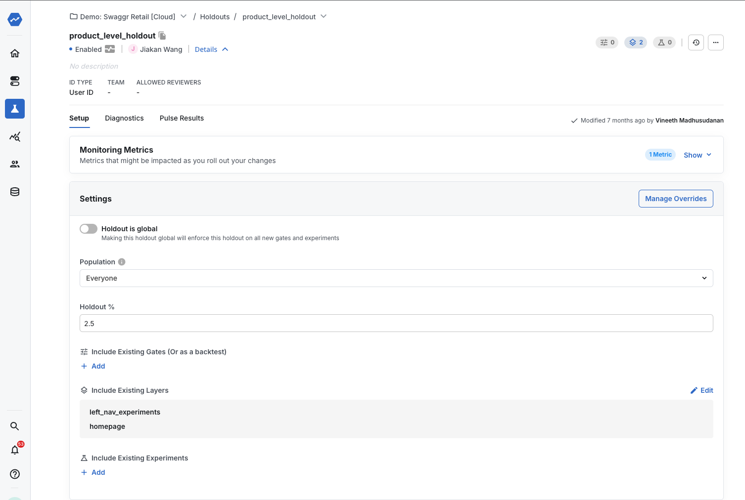 Holdout configuration settings
