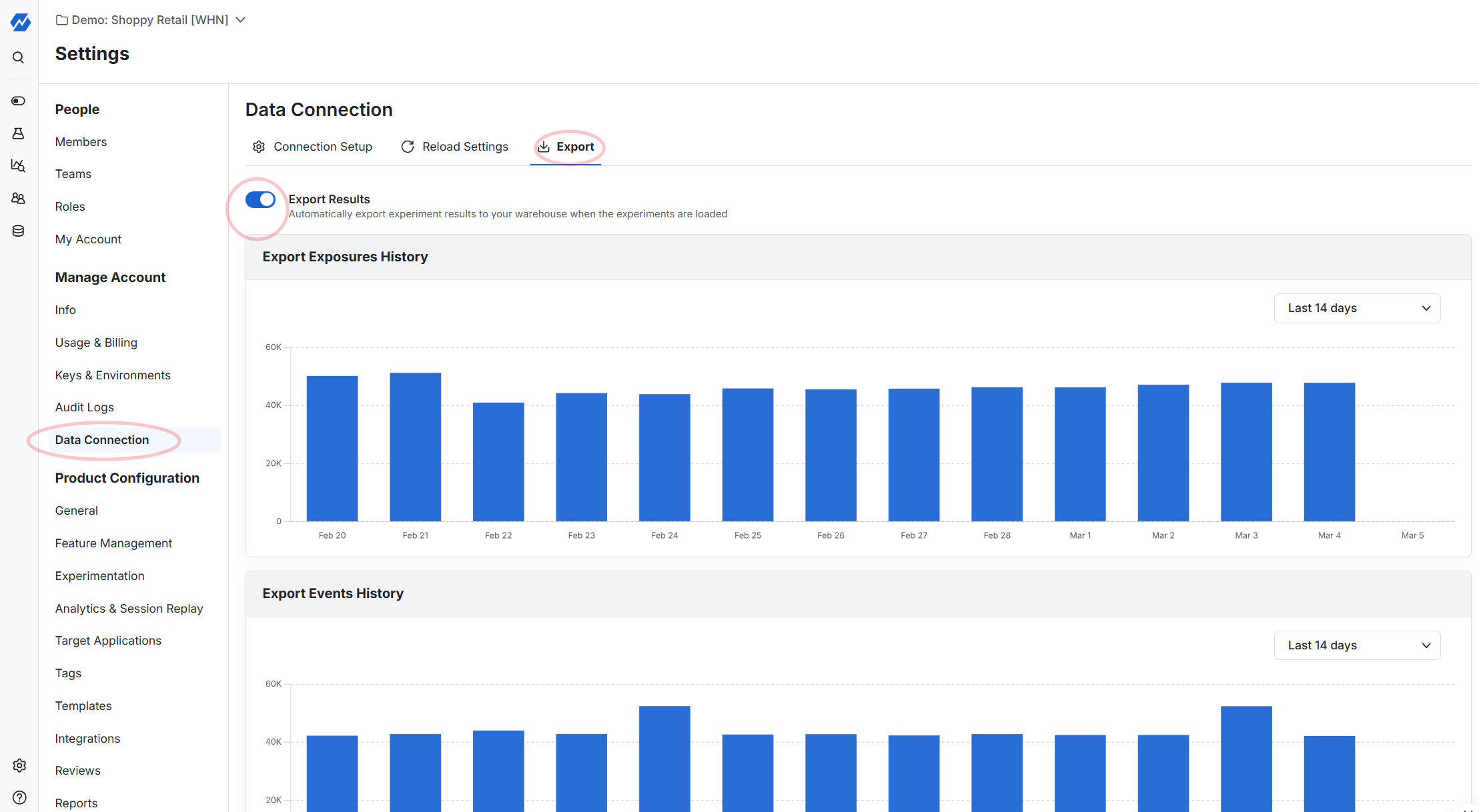 Project settings data connection export interface