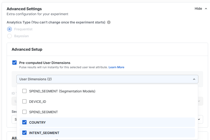 Experiment setup page with pre-computed user properties configuration