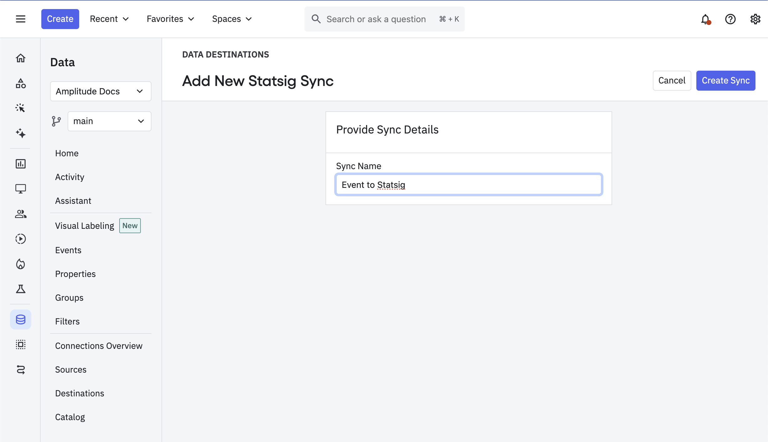 Create Sync form for Statsig destination