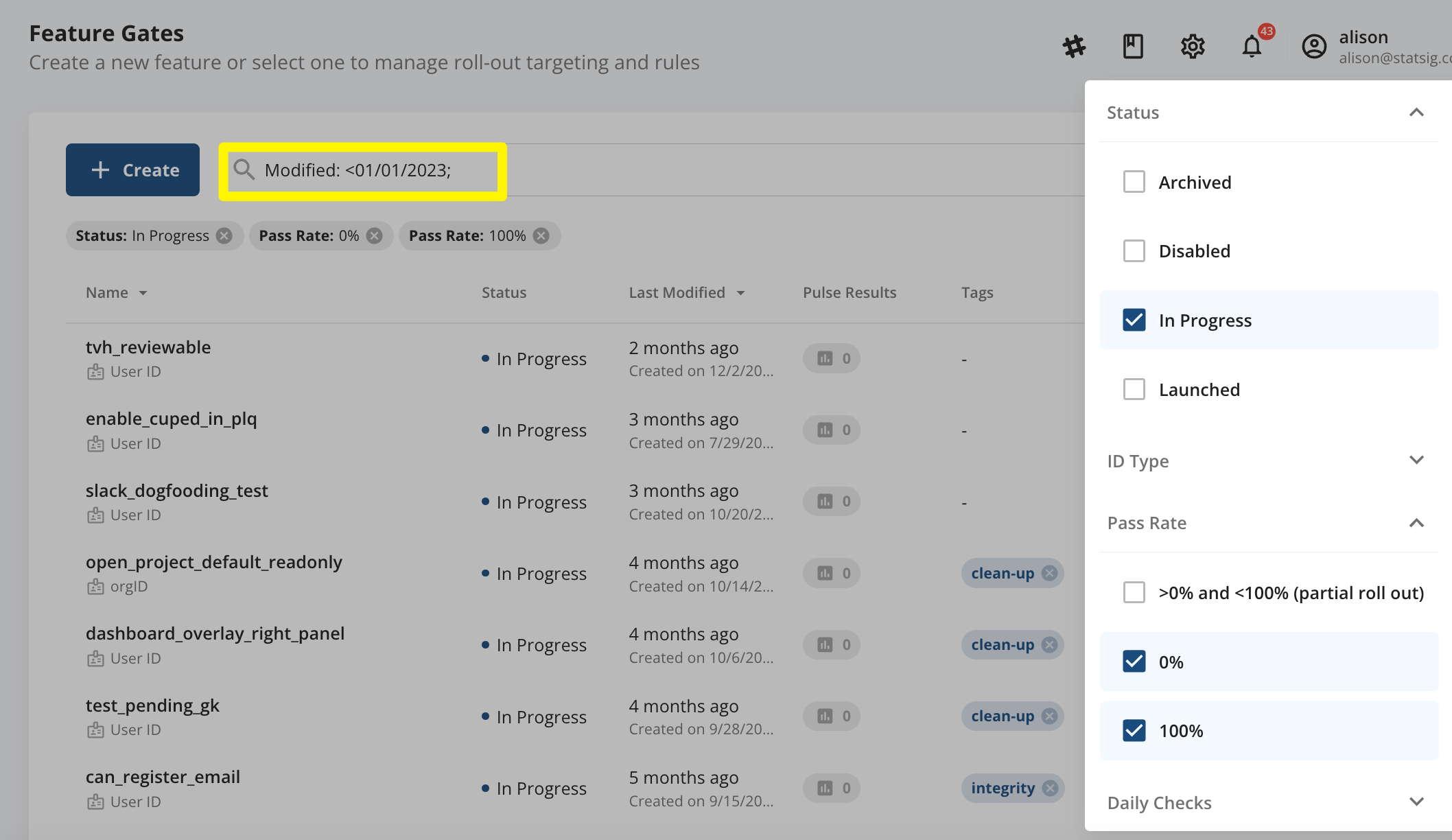 Feature gates catalog filter interface