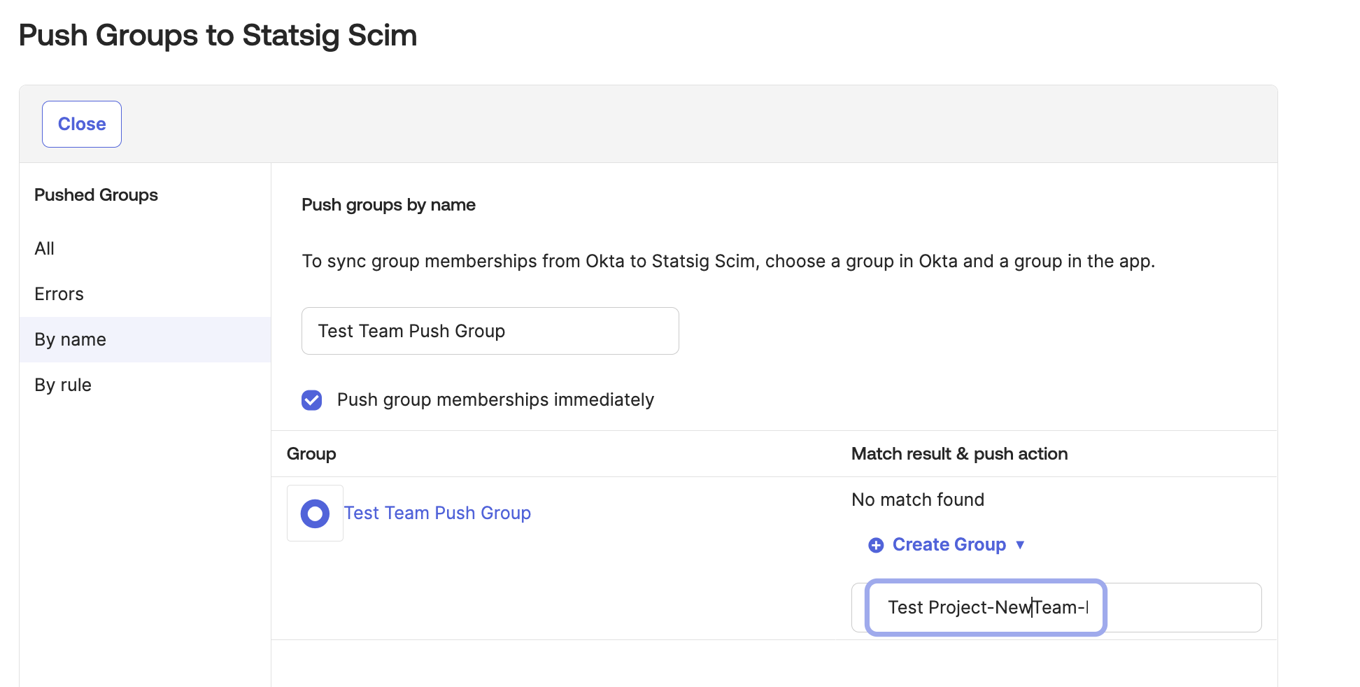 Okta push groups workflow set to create new Statsig team group