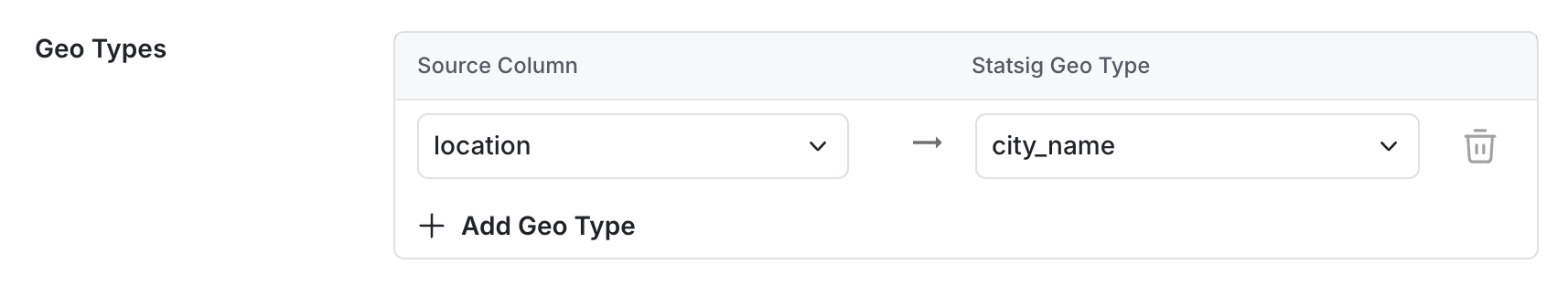 Geo column mapping configuration screen