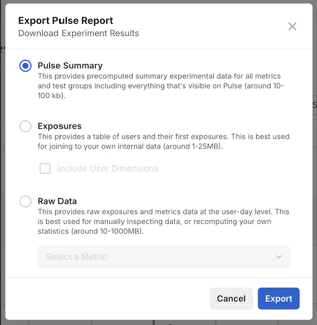 Export Pulse Report Menu
