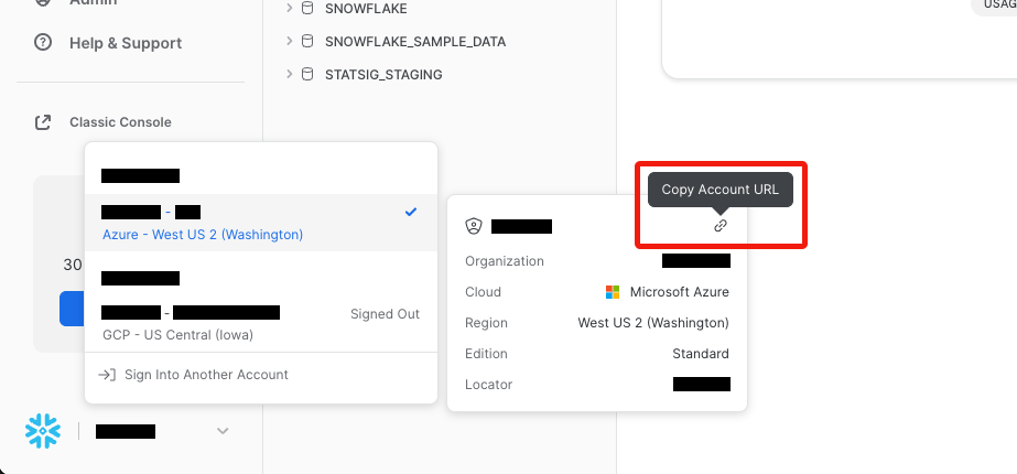 Snowflake console footer showing account identifier link