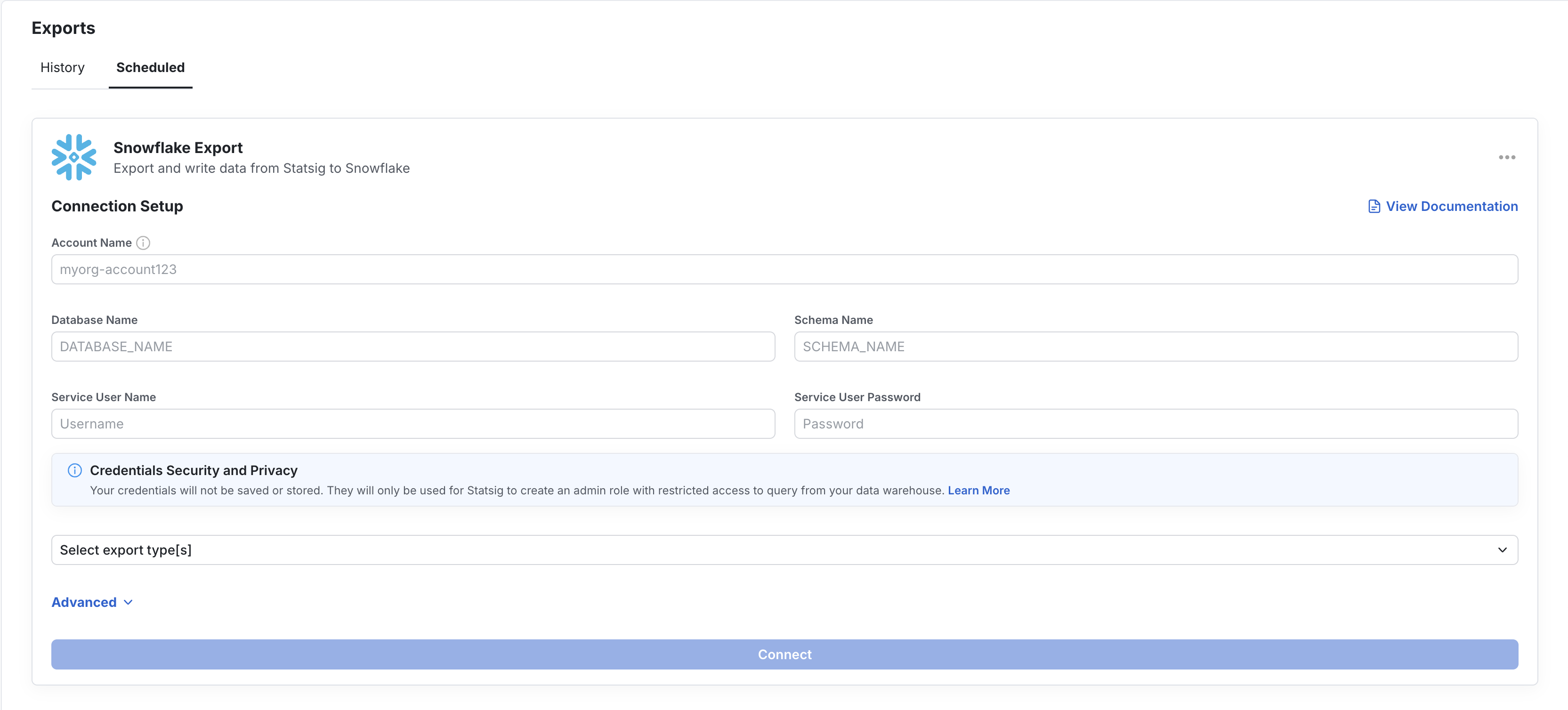 Scheduled export setup form for Snowflake connection with credential fields