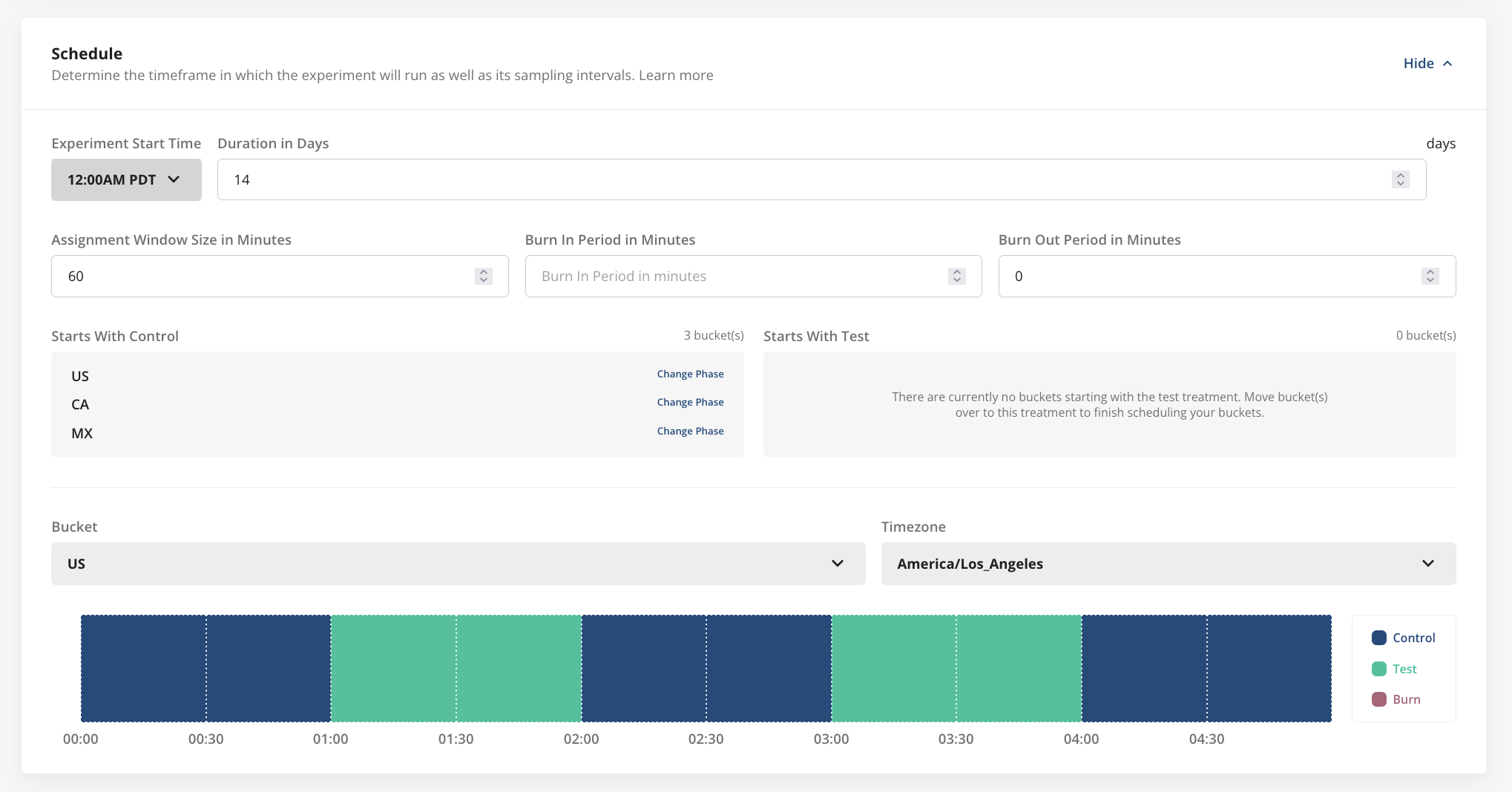 Switchback schedule editor specifying assignment windows and bucket starting phases